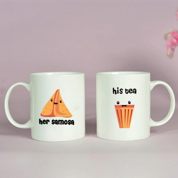 BYFT009333 BYFT Printed MUGS White His Tea Her Samosa Design 300 ml Ceramic Set of 2