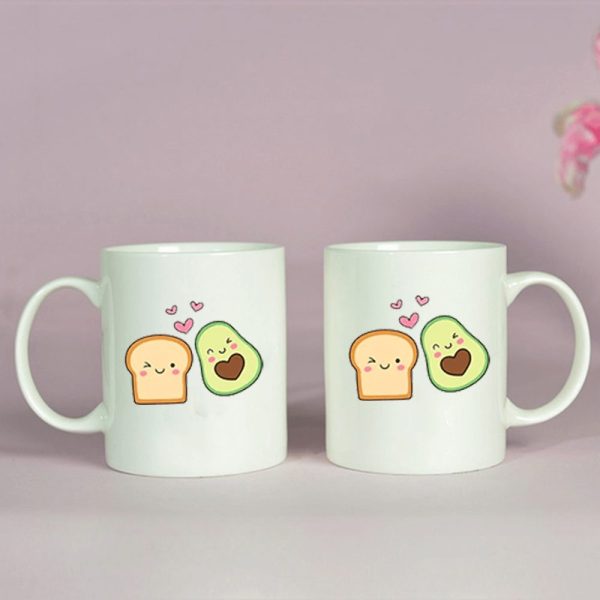 BYFT009334 BYFT Printed MUGS White Avacado Toast Design 300 ml Ceramic Set of 2