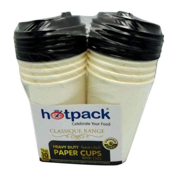 Hotpack 10 Pieces Heavy Duty Paper Cup White With Black Lid 12 Ounce