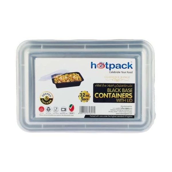 Hotpack Black Base Rectangular Container 32 oz with Lids 5 Pieces