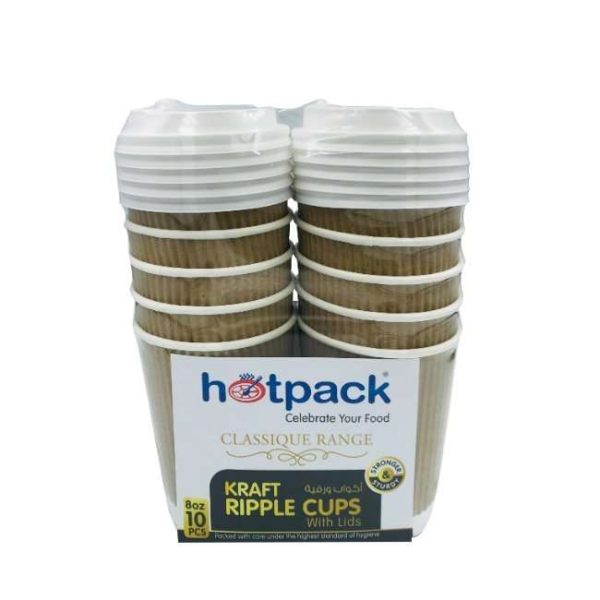 Hotpack Kraft Ripple Cup 8 Oz White Lids 10 Pcs