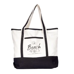 BYFT013961 BYFT White Canvas Bag with Black Tape (Beach Vibes) Design