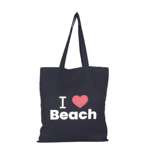 BYFT013991 BYFT Black Cotton Flat Tote Bag (I Love Beach) Design