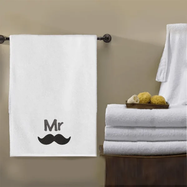 BYFT009337 BYFT IRIS Embroidered For You BATH TOWEL White Mr. Moustache Design 70 x 140 Cm 600 Gsm Cotton Set of 1