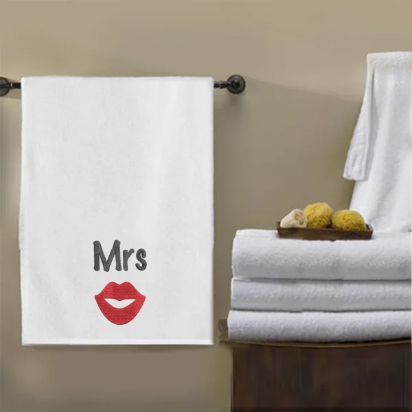 BYFT009338 BYFT IRIS Embroidered For You BATH TOWEL White Mrs. Lips Design 70 x 140 Cm 600 Gsm Cotton Set of 1