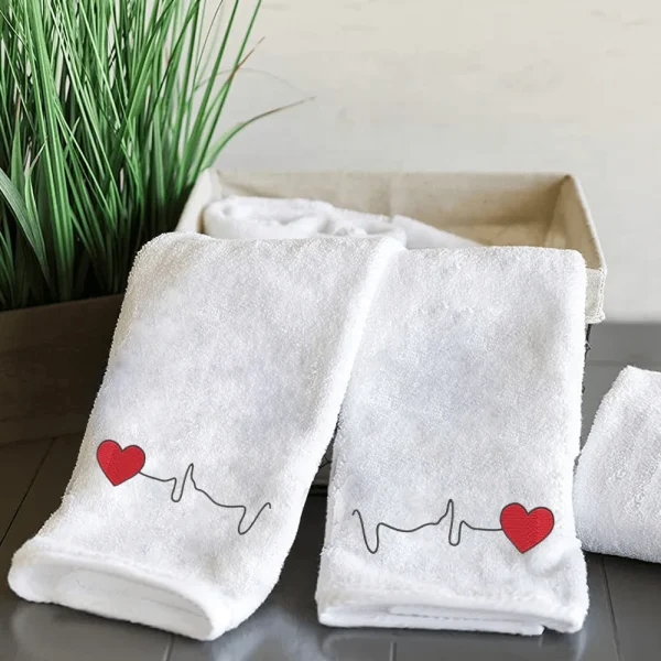 BYFT009360 BYFT IRIS Embroidered For You HAND TOWEL White Heartbeat Design 50 x 80 Cm 600 Gsm Cotton Set of 2