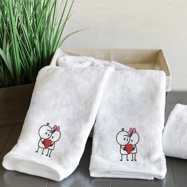 BYFT009361 BYFT IRIS Embroidered For You HAND TOWEL White Him & Her with Heart Design 50 x 80 Cm 600 Gsm Cotton Set of 2