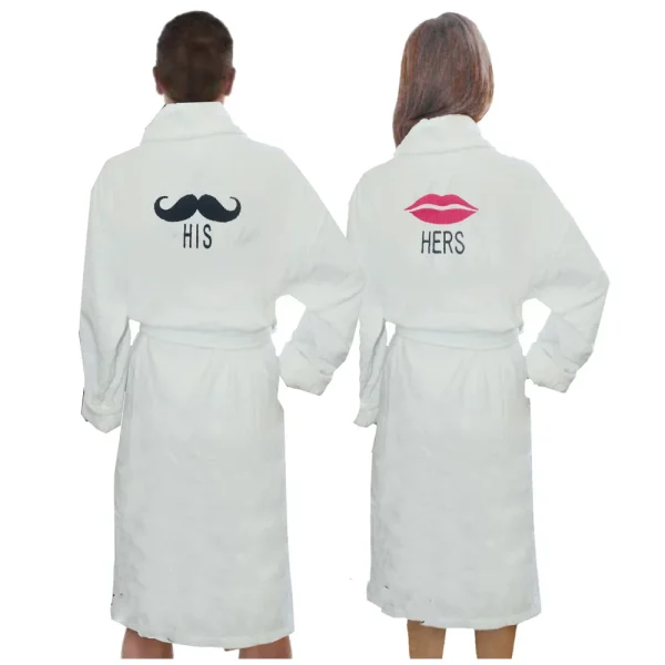 BYFT009363 BYFT IRIS Embroidered For You BATHROBE White His Moustache & Her Lips Design Couple Cotton Set of 2