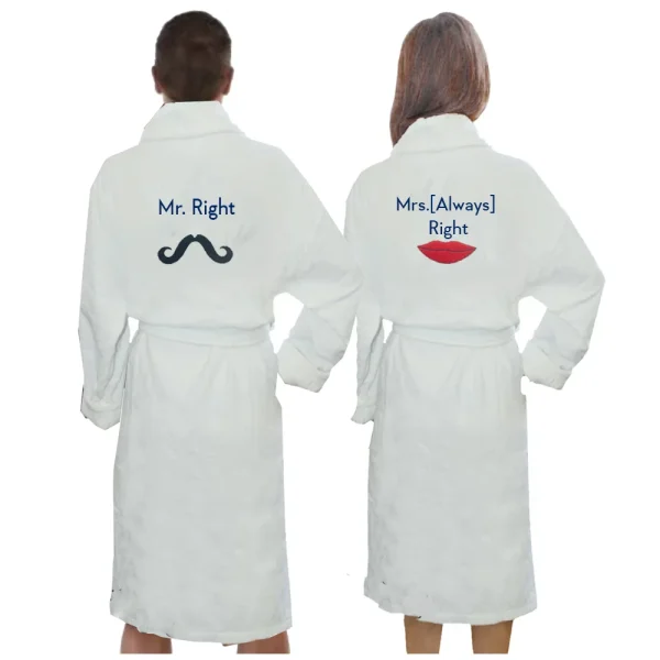 BYFT009365 BYFT IRIS Embroidered For You BATHROBE White Mr. Right & Mrs. Always Right Design Couple Cotton Set of 2