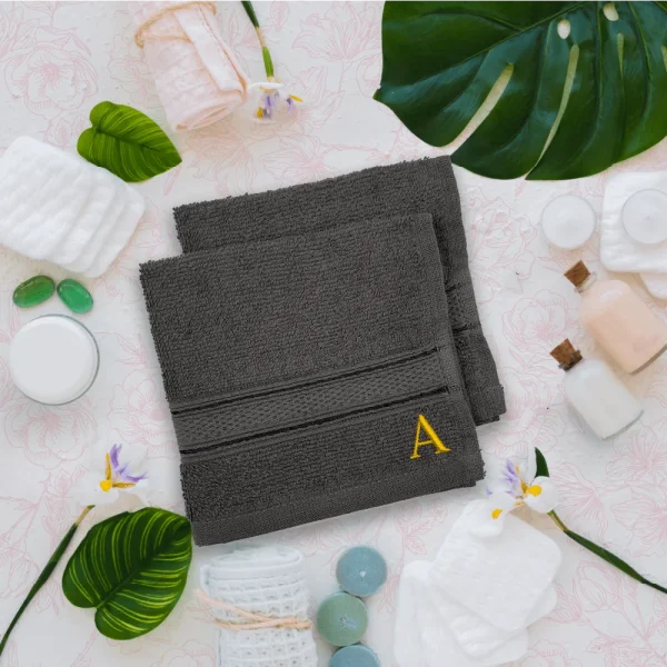 BYFT014181 BYFT Daffodil Washcloth 30 x 30 Cm 500 Gsm Dark Grey Stripe Diamond Dobby 100 Cotton Letter A Gold Thread Set of 6 B