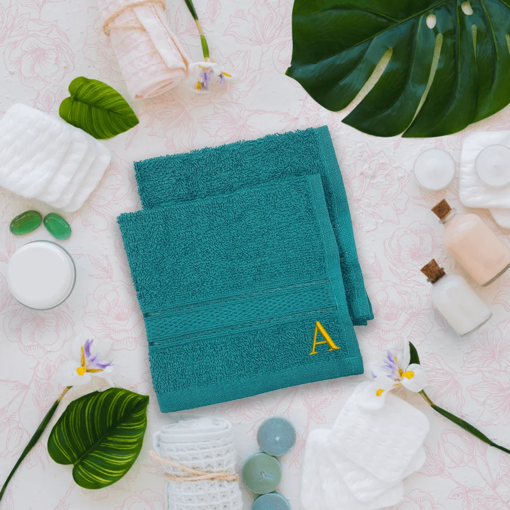 BYFT014389 BYFT Daffodil Washcloth 30 x 30 Cm 500 Gsm Turquoise Blue Stripe Diamond Dobby 100� Cotton Letter A Gold Thread Set of 6 B