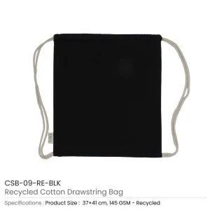 BYFT005745 BYFT Recycled Drawstring Bag Black 37 x 41 Cm Cotton 145 Gsm Set of 01   CSB 09 RE BLK