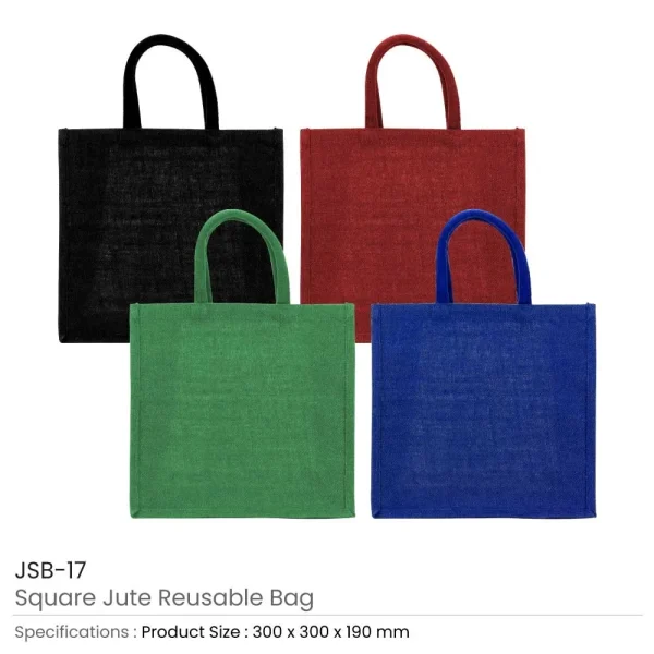 BYFT005755 BYFT Reusable Square Jute Bags Blue with Cotton Handles Set of 01   JSB 17 BLU B