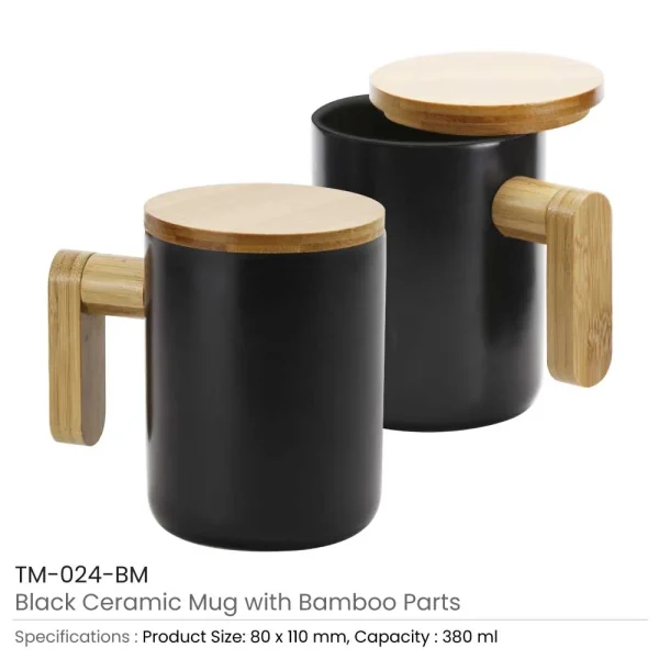 BYFT005764 BYFT Black Ceramic Coffee Mug with Bamboo Handle and Lid Set of 01   TM 024 BM