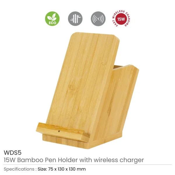 BYFT005807 BYFT Bamboo 15W Wireless Charger with Pen Holder Set of 01   WDS5