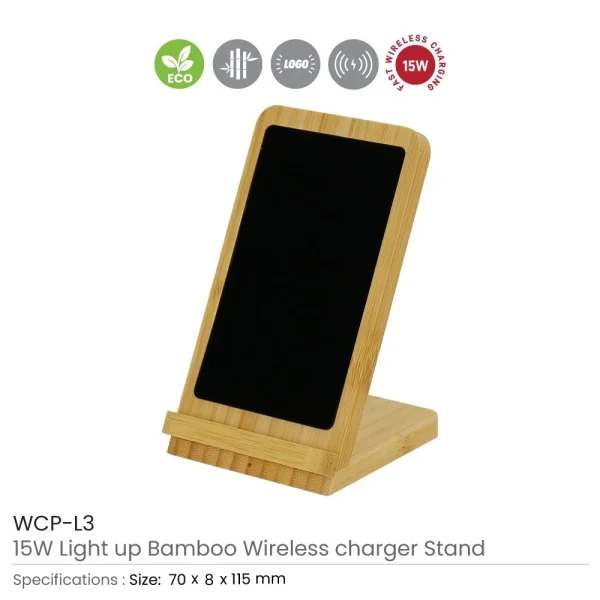 BYFT005810 BYFT Bamboo 15W Wireless Charger Phone Stand and Light Up Logo Set of 01   WCP L3