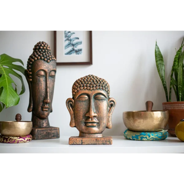 BYFT021220 La Hacienda   Male Buddha Head On Base, Small, Bronze Set of 01 B