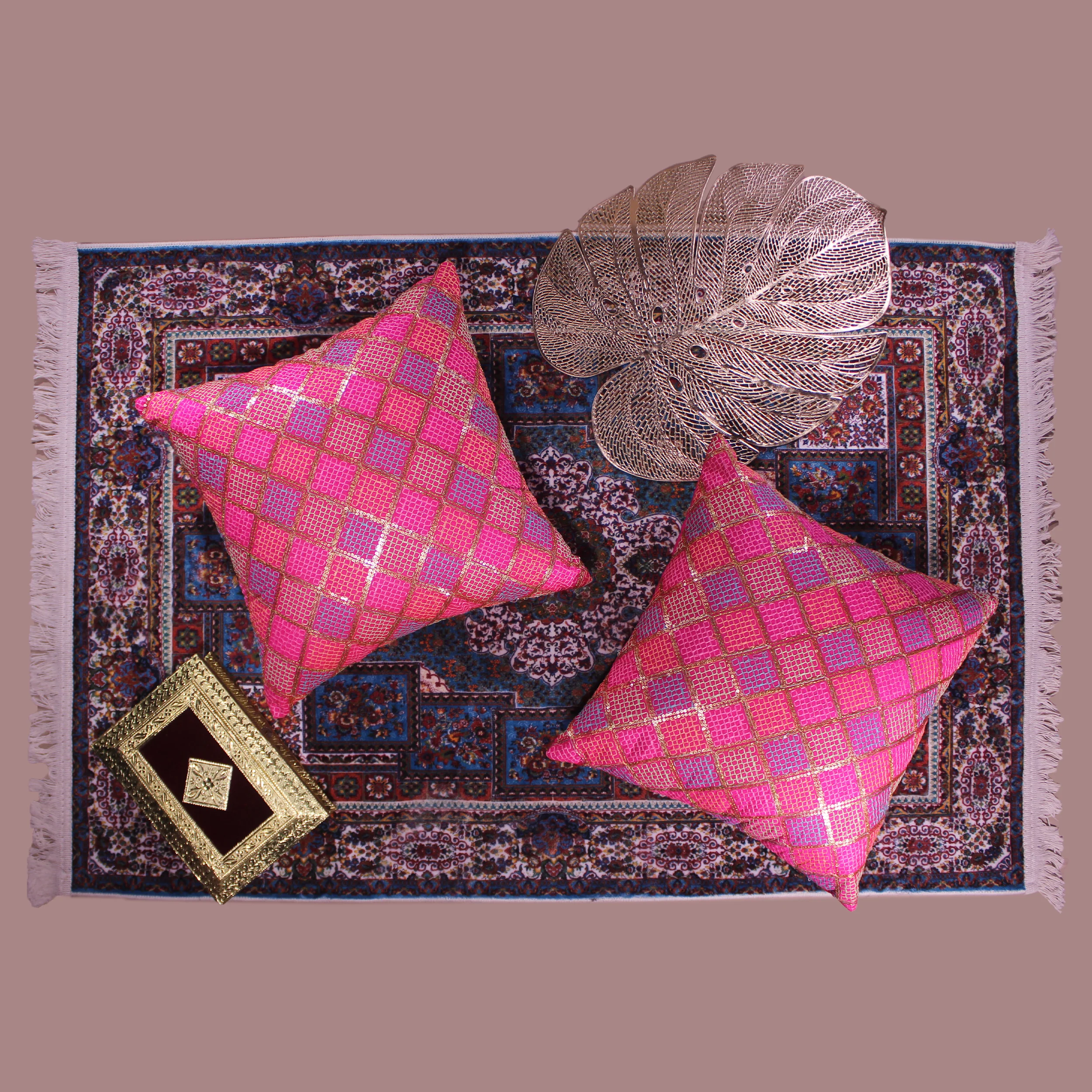 BYFT024114 BYFT Cushion Cover 16 x 16 Inch Fuchsia Pink Diagonal Checks Dupion Silk Set of 02