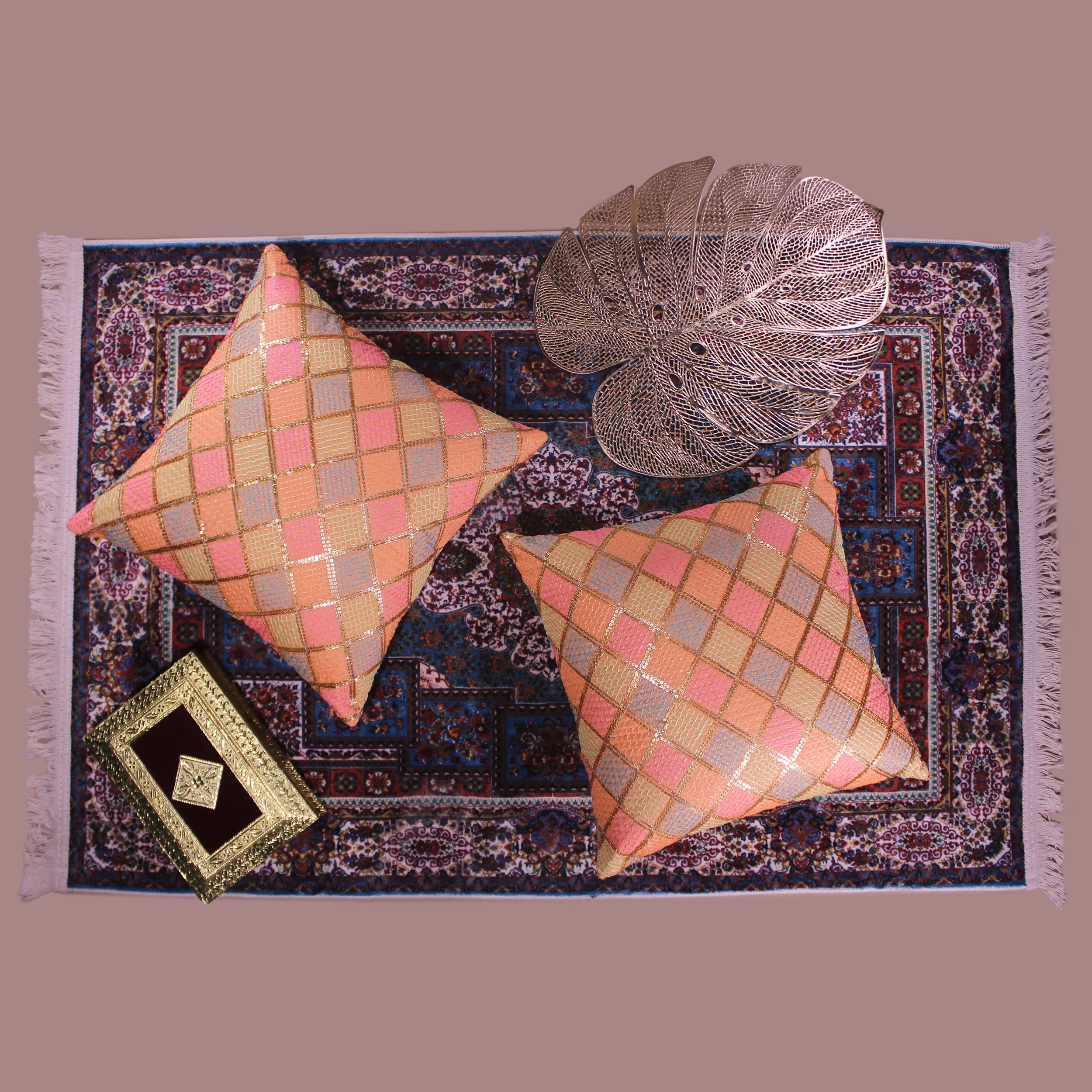 BYFT024115 BYFT Cushion Cover 16 x 16 Inch Peach Diagonal Checks Dupion Silk Set of 02