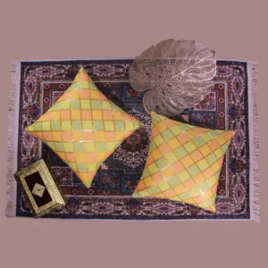 BYFT024116 BYFT Cushion Cover 16 x 16 Inch Yellow Diagonal Checks Dupion Silk Set of 02