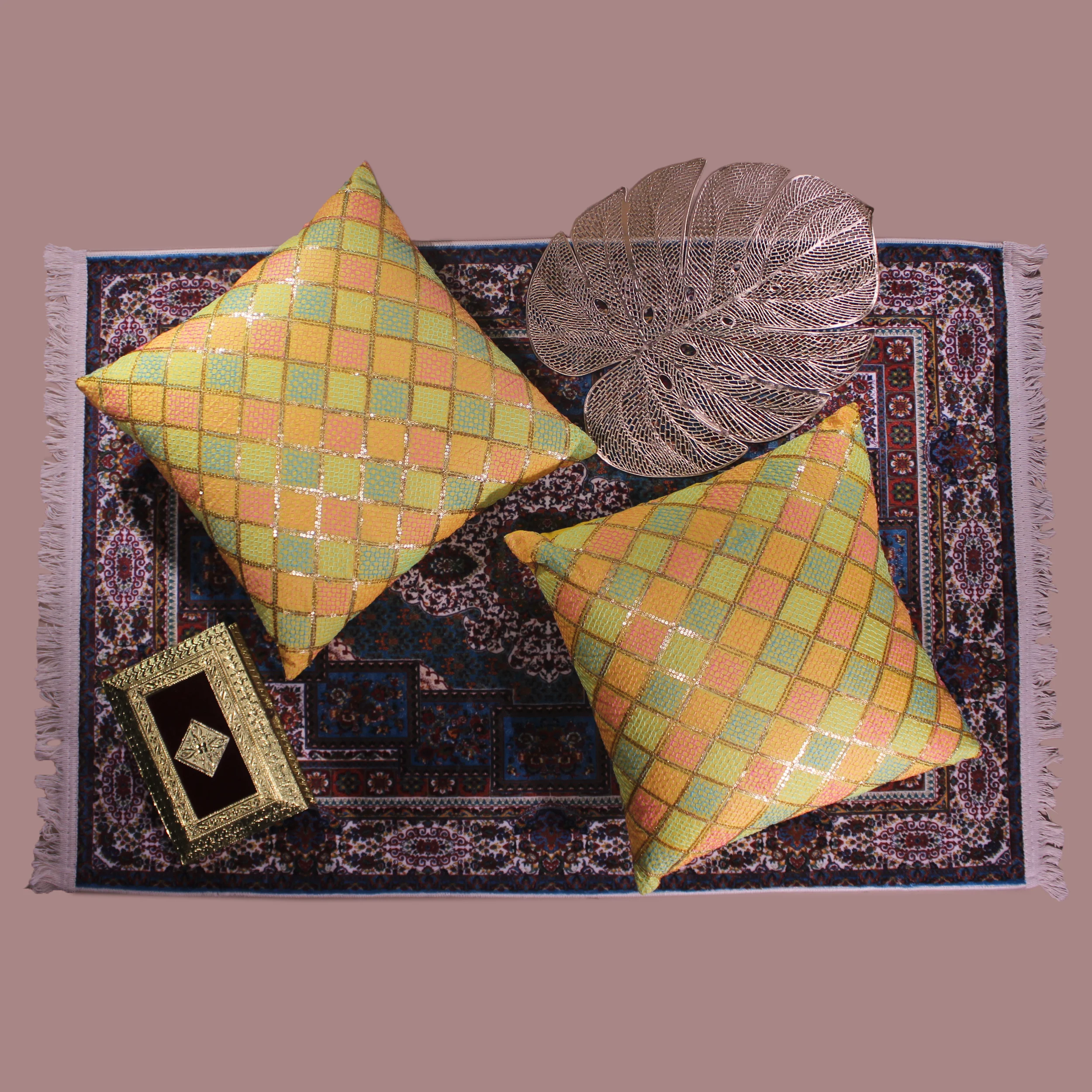 BYFT024120 BYFT Cushion Cover 18 x 18 Inch Yellow Diagonal Checks Dupion Silk Set of 02