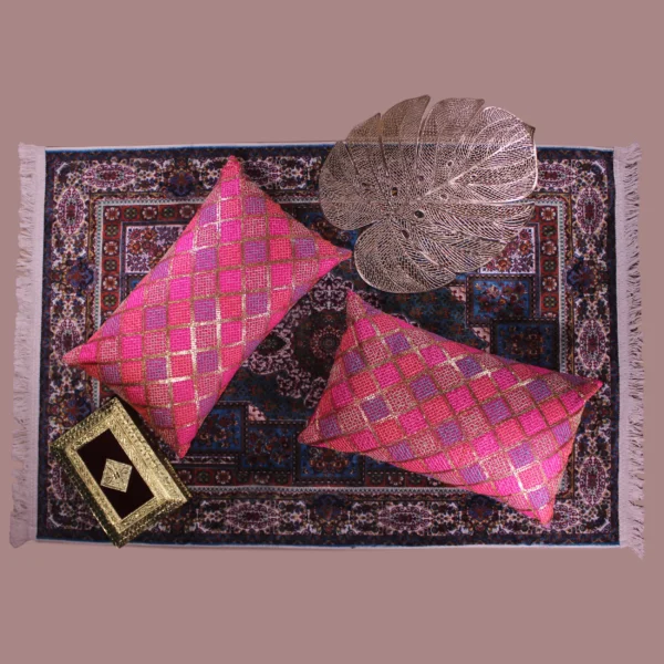 BYFT024122 BYFT Cushion Cover 12 x 20 Inch Fuchsia Pink Diagonal Checks Dupion Silk Set of 02