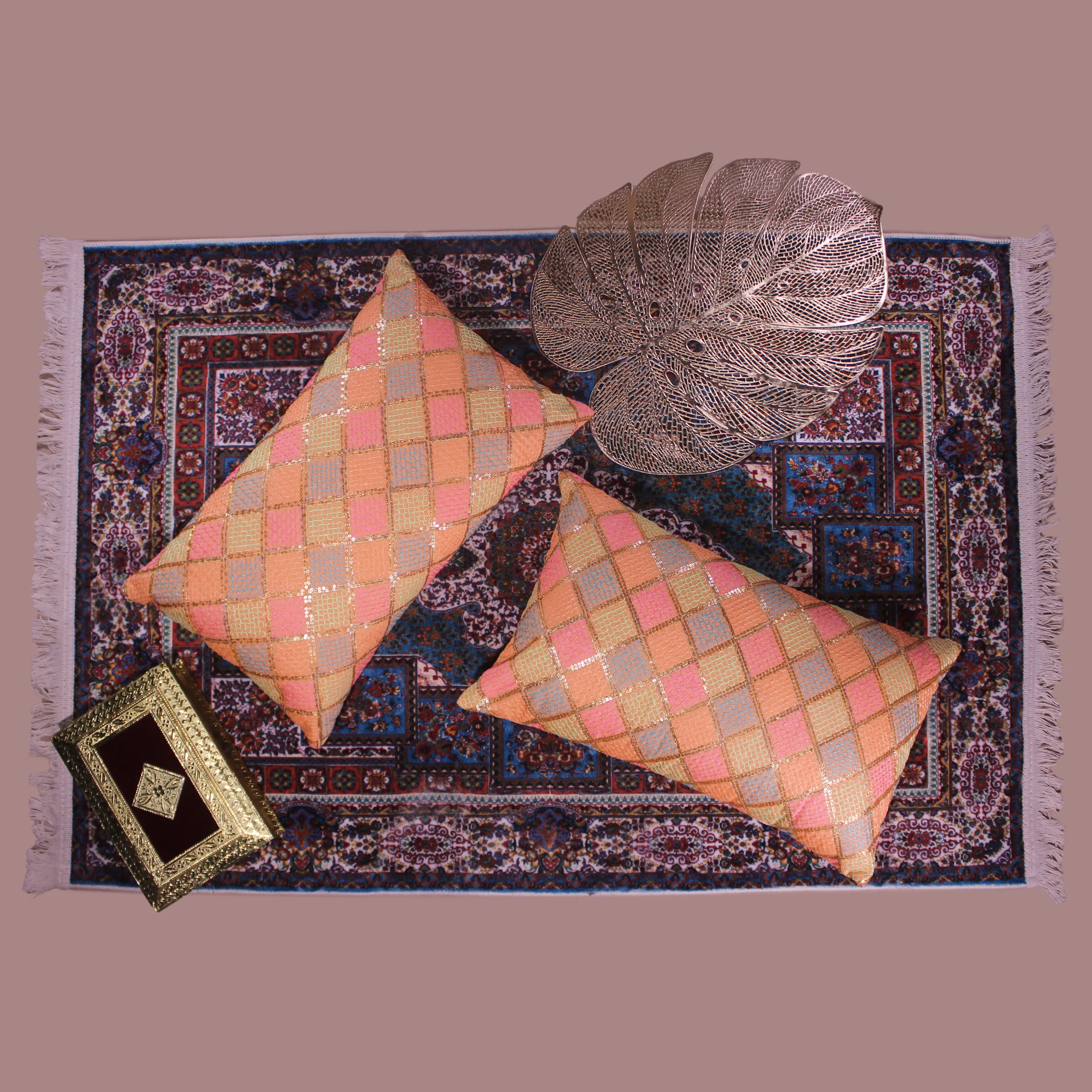 BYFT024123 BYFT Cushion Cover 12 x 20 Inch Peach Diagonal Checks Dupion Silk Set of 02