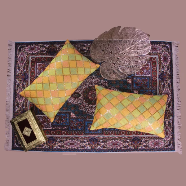 BYFT024124 BYFT Cushion Cover 12 x 20 Inch Yellow Diagonal Checks Dupion Silk Set of 02