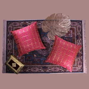 BYFT024127 BYFT Cushion Cover 16 x 16 Inch Fuchsia Pink Golden Checks Dupion Silk Set of 02