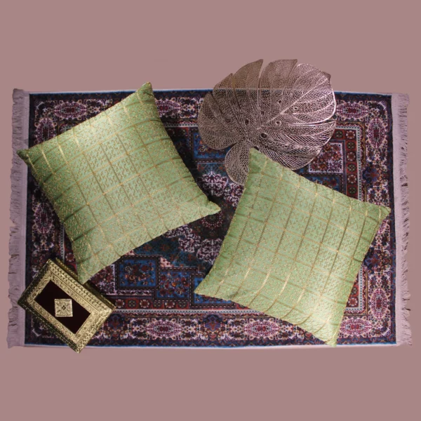 BYFT024130 BYFT Cushion Cover 18 x 18 Inch Green Golden Checks Dupion Silk Set of 02