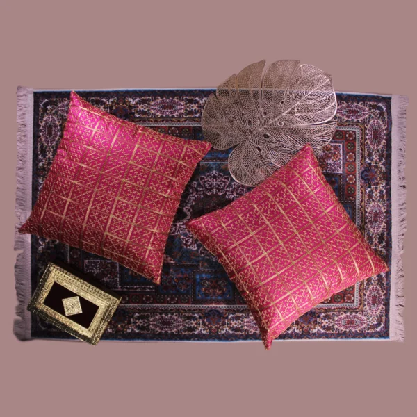 BYFT024131 BYFT Cushion Cover 18 x 18 Inch Fuchsia Pink Golden Checks Dupion Silk Set of 02