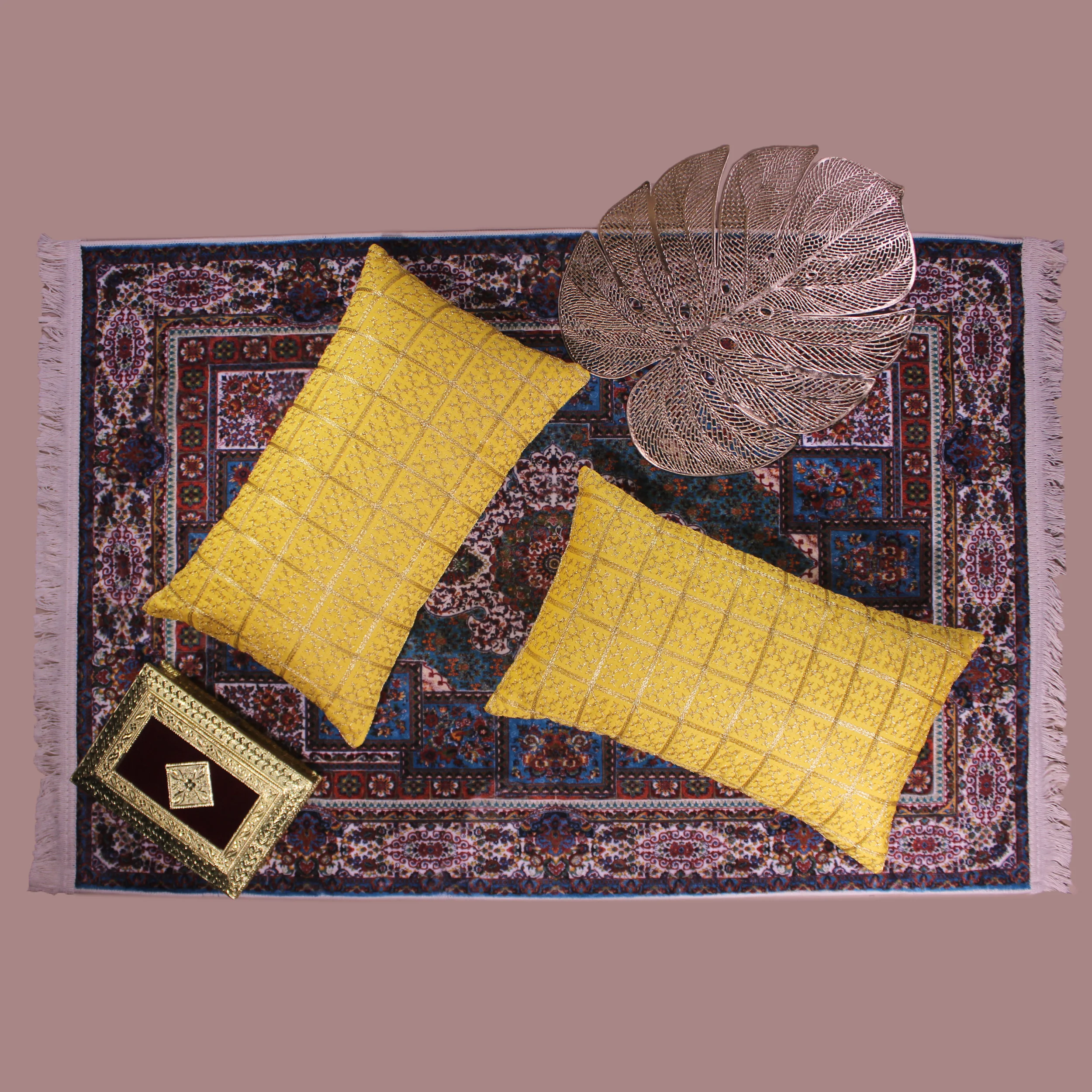 BYFT024136 BYFT Cushion Cover 12 x 20 IncH Yellow Golden Checks Dupion Silk Set of 02